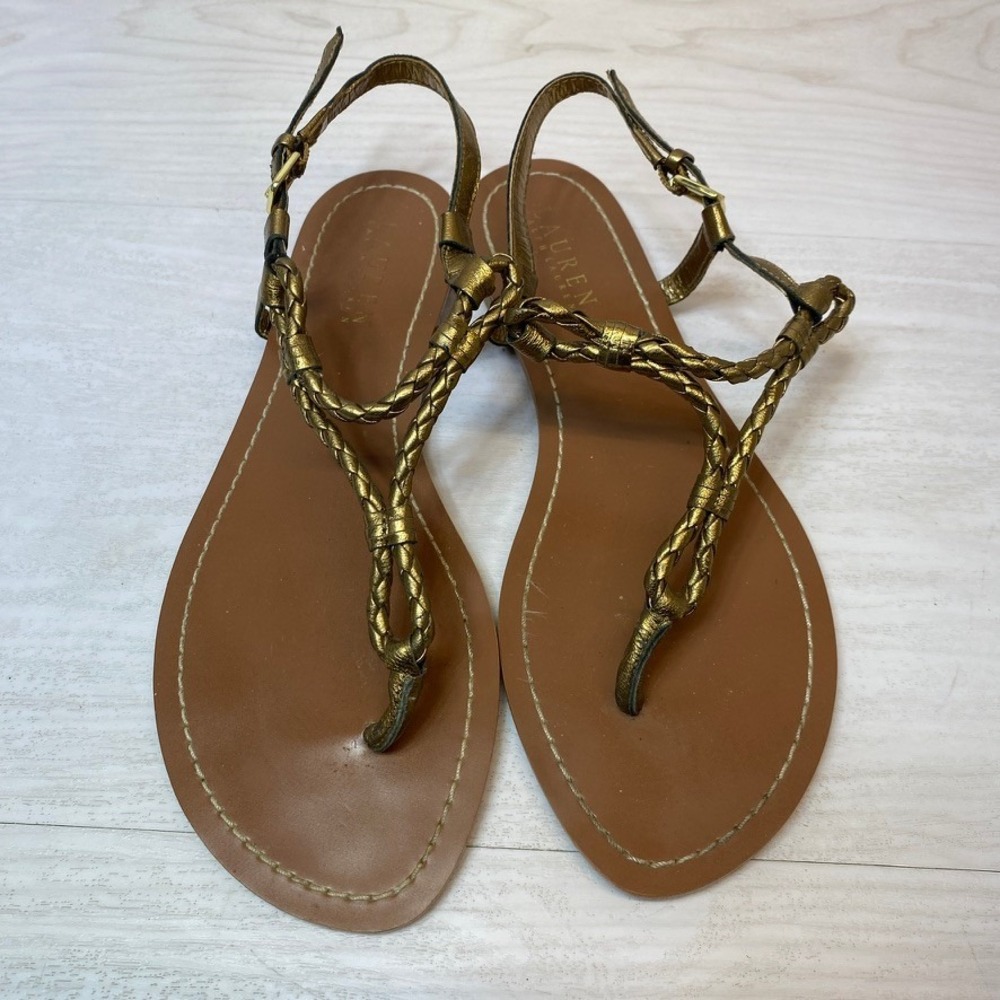 Lauren Ralph Lauren Womens 8.5 Alexa Sandals Flat Braided Gold Leather Thong